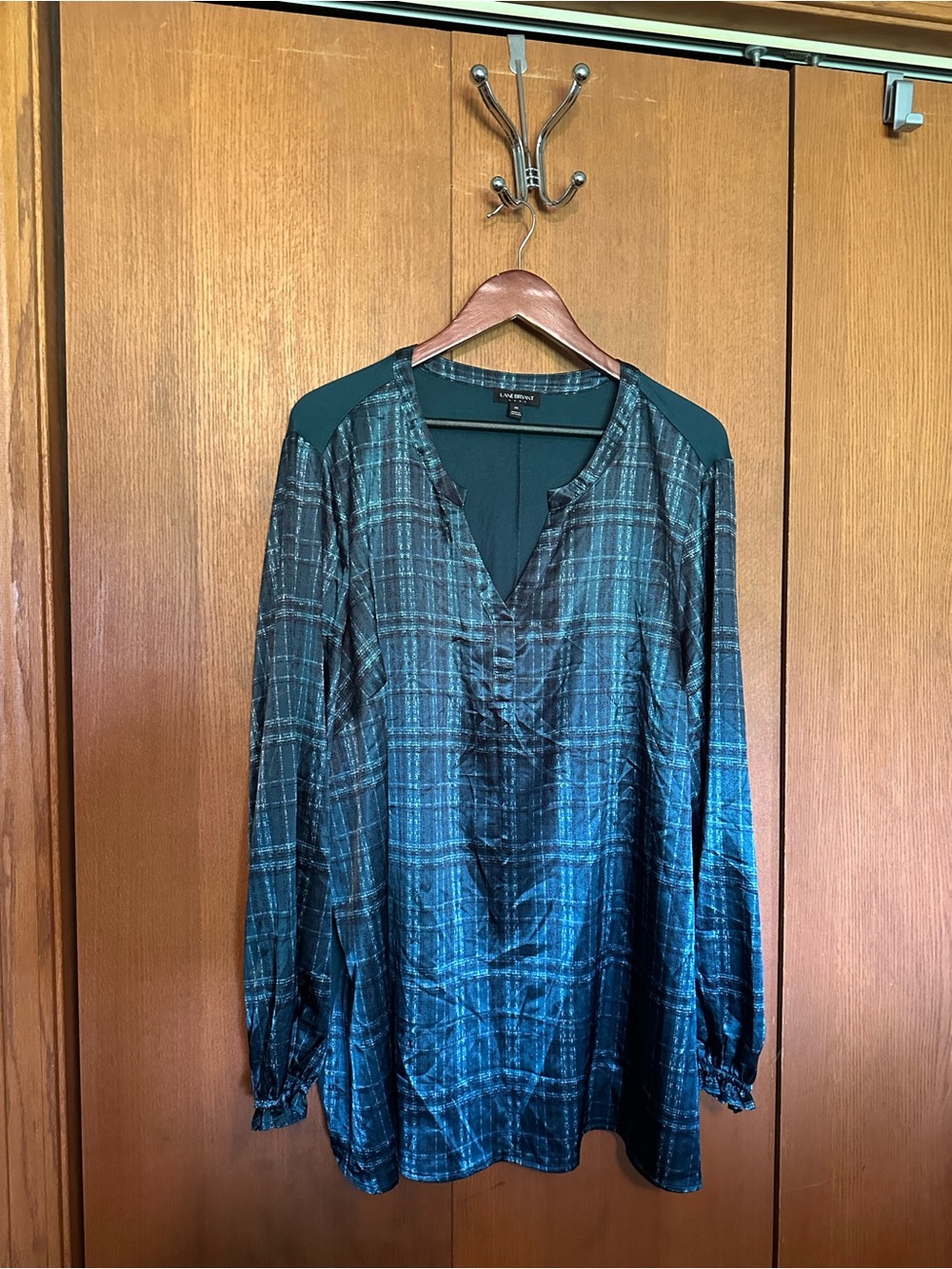 Lane Bryant Teal Plaid Long-Sleeve V-Neck Blouse
